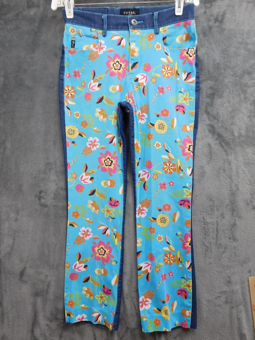 VTG GUESS Jeans Womens 27 Blue Floral Slim Stretch Mid Rise Denim 28.5 Inseam